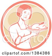 Clipart Of A Retro Housewife Holding A Roasted Chicken On A Plate In A Pink White And Tan Circle Royalty Free Vector Illustration