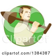 Poster, Art Print Of Retro Male Gardener Holding A Shovel Over His Shoulder In A Green Circle