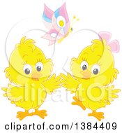 Poster, Art Print Of Butterfly Over Two Yellow Spring Chicks
