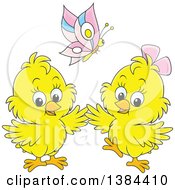 Poster, Art Print Of Cartoon Butterfly Over Two Spring Chicks