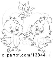Poster, Art Print Of Cartoon Black And White Butterfly Over Two Spring Chicks