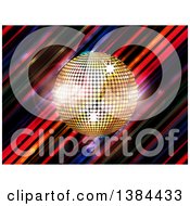 Poster, Art Print Of 3d Gold Sparkly Music Disco Ball Over Diagonal Colorful Stripes