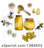 Poster, Art Print Of Sketched Bees Flowers And Honey