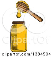 Clipart Of A Sketched Honey Jar And Dipper Royalty Free Vector Illustration
