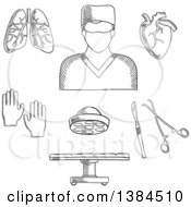 Black And White Sketched Surgeon Doctor Organs And Accessories
