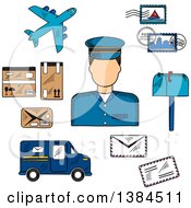 Poster, Art Print Of Sketched Postman With Postage Stamps And Letterbox Packages And Van Airplane And Letters