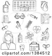 Poster, Art Print Of Black And White Sketched Hospital Nurse And Medical Items