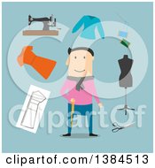 Poster, Art Print Of Flat Design White Male Tailor And Accessories On Blue