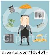 Poster, Art Print Of Flat Design White Male Banker And Accessories On Blue
