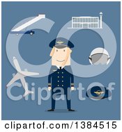 Poster, Art Print Of Flat Design White Male Pilot And Accessories On Blue