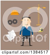 Poster, Art Print Of Flat Design White Male Engineer And Accessories On Brown