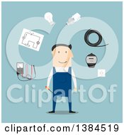 Clipart Of A Flat Design White Male Electrician And Accessories On Blue Royalty Free Vector Illustration