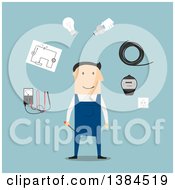 Poster, Art Print Of Flat Design White Male Electrician And Accessories On Blue