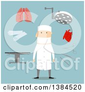 Clipart Of A Flat Design White Male BLANK And Accessories On Blue Royalty Free Vector Illustration