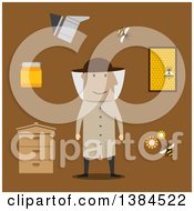 Poster, Art Print Of Flat Design White Male Beekeeper And Accessories On Brown