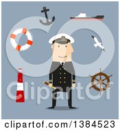 Flat Design White Male Sea Captain And Accessories On Blue