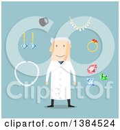 Clipart Of A Flat Design White Male Jeweler And Accessories On Blue Royalty Free Vector Illustration