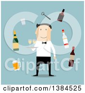 Clipart Of A Flat Design White Male Waiter And Accessories On Blue Royalty Free Vector Illustration by Vector Tradition SM