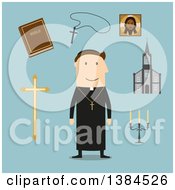 Flat Design White Male Priest And Accessories On Blue