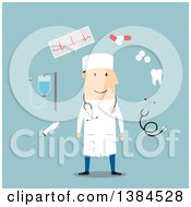 Clipart Of A Flat Design White Male Doctor And Accessories On Blue Royalty Free Vector Illustration by Vector Tradition SM