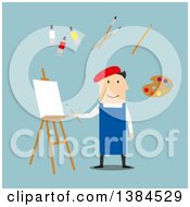 Clipart Of A Flat Design White Male Artist And Accessories On Blue Royalty Free Vector Illustration by Vector Tradition SM