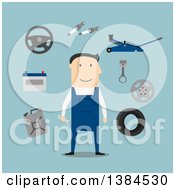 Flat Design White Male Mechanic With Equipment On Blue