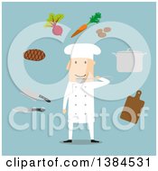 Flat Design White Male Chef And Accessories On Blue