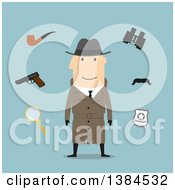 Poster, Art Print Of Flat Design White Male Detective And Accessories On Blue