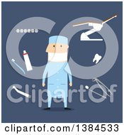 Clipart Of A Flat Design White Male Dentist And Accessories On Blue Royalty Free Vector Illustration