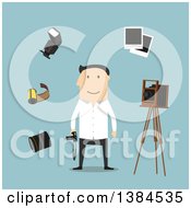 Flat Design White Male Photographer And Accessories On Blue
