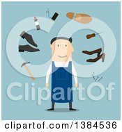 Poster, Art Print Of Flat Design White Male Cobbler And Accessories On Blue