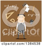 Clipart Of A Flat Design White Male Mathematician And Accessories On Brown Royalty Free Vector Illustration