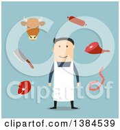 Clipart Of A Flat Design White Male Butcher And Accessories On Blue Royalty Free Vector Illustration by Vector Tradition SM