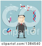 Poster, Art Print Of Flat Design White Male Scientist And Accessories On Blue