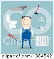 Poster, Art Print Of Flat Design White Male Plumber And Accessories On Blue
