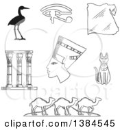 Poster, Art Print Of Black And White Sketched Egyptian Icons Of Queen Nefertiti Cat Goddess And Sacred Heron Bennu Eye Of Horus Symbol And Temple Columns Map Caravan Of Camels And Giza Pyramids