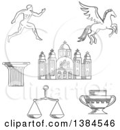 Poster, Art Print Of Black And White Sketched Greek Runner Capital On A Column Pegasus And Amphora Scales And Temple