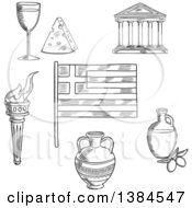 Poster, Art Print Of Black And White Sketched Greek Flag Parthenon Temple And Ancient Amfora Torch With Flame And Olive Oil Wine And Cheese