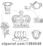 Poster, Art Print Of Black And White England Heraldic Tudor Rose And Park Royal Dog And Tea Set Pie Sheep And Emperor Crown