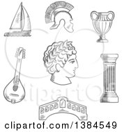 Black And White Sketched Italian Caesar Roman Helmet Venice Bridge Ancient Vase Mandolin Doric Column And Sailboat