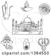 Poster, Art Print Of Black And White Sketched Indian Ganesha God And Element Ashoka Chakra Wheel Hamsa Hand Amulet And Brass Teapot Ethnic Jewelry Diwali Lamp And Taj Mahal