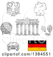 Poster, Art Print Of Sketched Germany Icons With Map And Flag Eagle Emblem And Oak Branches Wooden Barrel Of Beer Car And Brandenburg Gates
