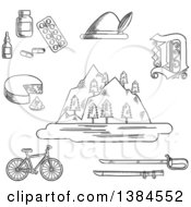 Poster, Art Print Of Black And White Sketched German Alps Mountains Forest And Lake Surrounded By Bavarian Hat And Cheese Medication And Gothic German Letter Bicycle And Medieval Sword