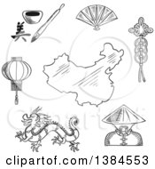 Poster, Art Print Of Black And White Sketched Chinese Dragon And Mandarin Or Chinaman Lantern And Calligraphy Fan And Wealth Symbol Around A Map Of China