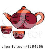 Clipart Of A Sketched Asian Tea Pot Royalty Free Vector Illustration