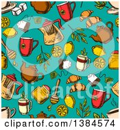 Seamless Background Pattern Of Sketched Herbal Tea And Accessories On Turquoise