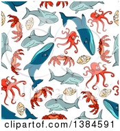 Poster, Art Print Of Seamless Background Pattern Of Sharks Whales Octopus Clams And Crabs
