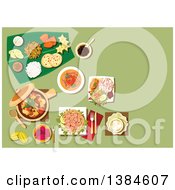Poster, Art Print Of Table Setting Of Malaysian Cuisine With Nasi Lemak Rice And Prawn Noodle Tofu Noodle With Curry Pork Stew With Mushrooms And Tofu Passion Fruit And Carambola Mango Pineapple Fruits With Bread And Dessert On Banana Leaf