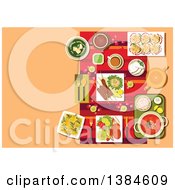 Poster, Art Print Of Table Setting Of Indian Cuisine With Candles Rose Petals And Curry With Rice Kebab And Tandoori Chicken Legs Vegetables And Lemons Spinach Soup With Cheese Dessert And Tea