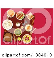 Poster, Art Print Of Table Setting Of Turkish Cuisine Dishes And Desserts With Kebab And Falafels Pita Bread With Dipping Sauces Hummus And Rice Pickled Green Olives And Lahmacun With Meat And Vegetables
